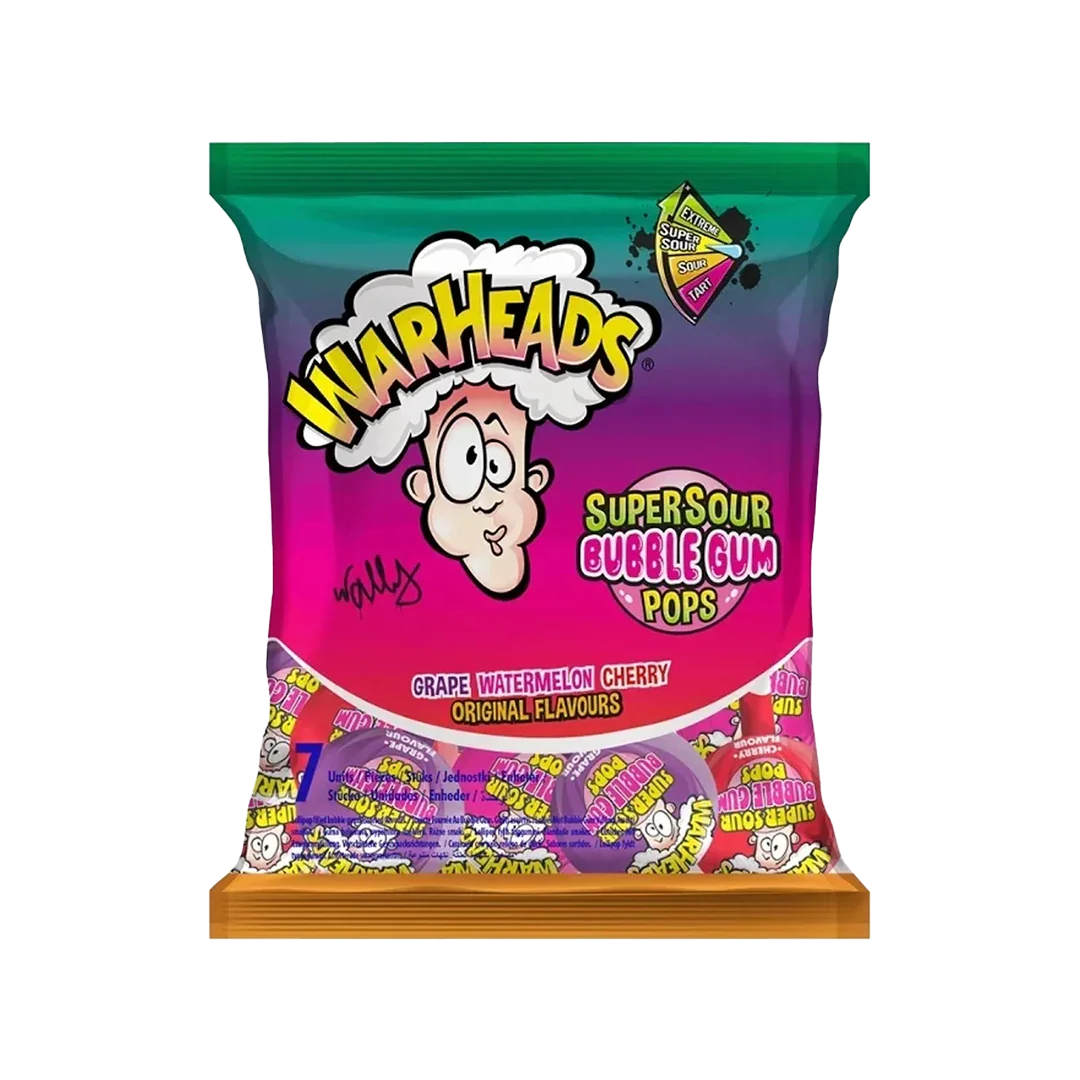 Warheads Super Sour Bubble Gum Pops Assorted Flavours